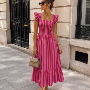 OP=OP.31.NL Roze Gestreepte Midi Jurk met Smockdetail