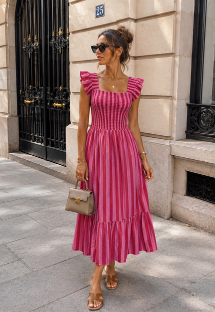 OP=OP.31.NL Roze Gestreepte Midi Jurk met Smockdetail