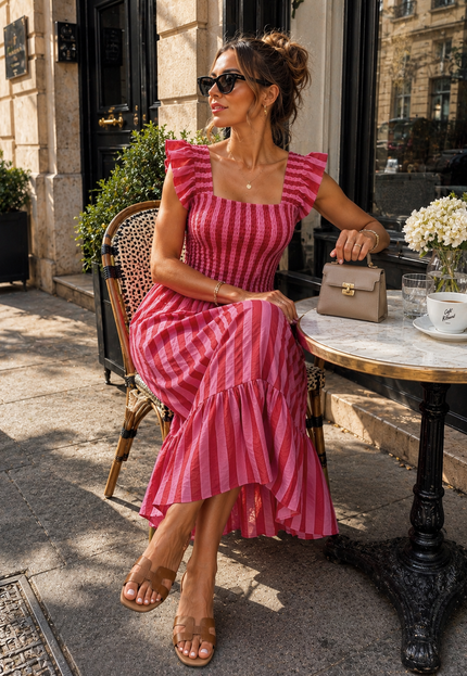 OP=OP.31.NL Roze Gestreepte Midi Jurk met Smockdetail