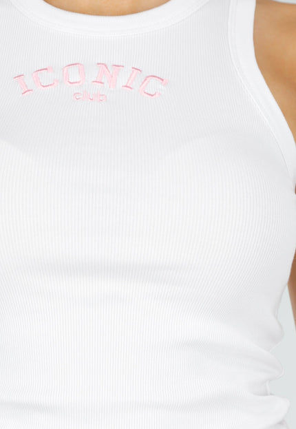 OP=OP.31.NL Witte Rib Tanktop met Roze Tekst