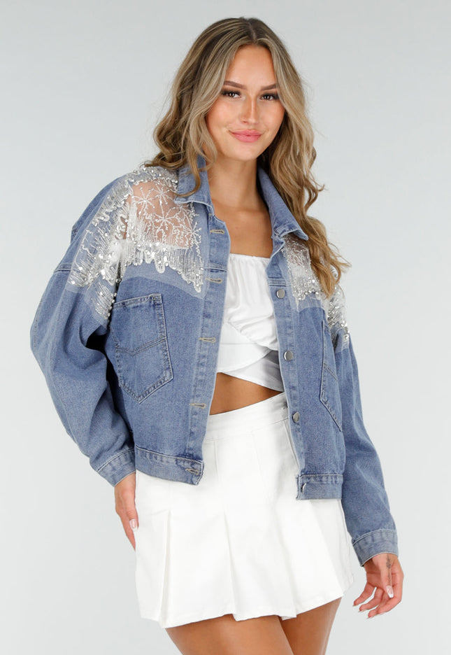 OP=OP.32.NL Blauw Denim Jasje met Glitters