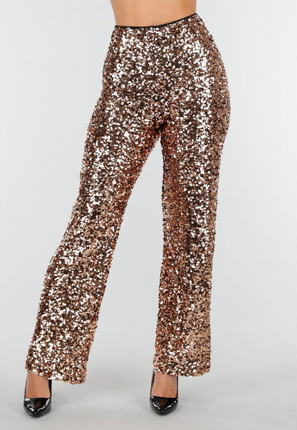 OP=OP.32.NL Goudkleurige Pailletten Stretch Broek