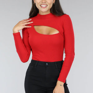 OP=OP.32.NL Rode Rib Bodysuit met Uitsnede