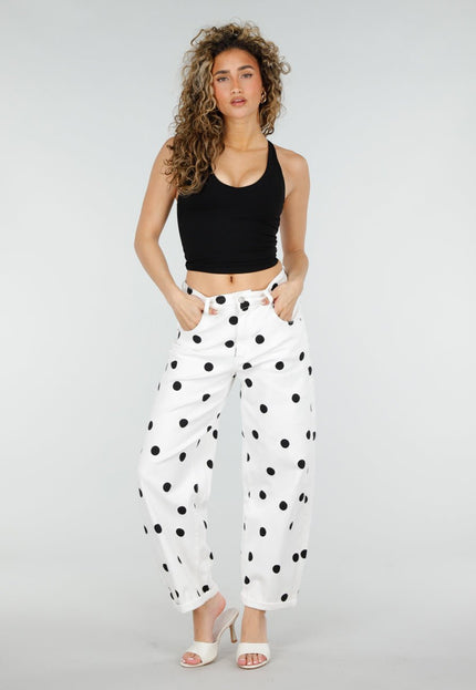OP=OP.32.NL Witte Barrel Jeans met Zwarte Stippen