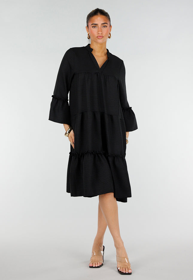 OP=OP.32.NL Zwarte Midi Jurk met Ruffles