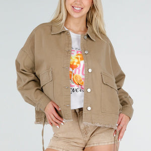 OP=OP.32.S Bruine Denim Jas met Klepzakken