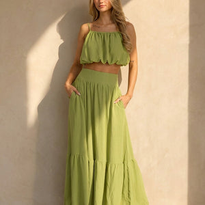 OP=OP.33.NL Olijfgroene Two Piece Set met Maxi Rok