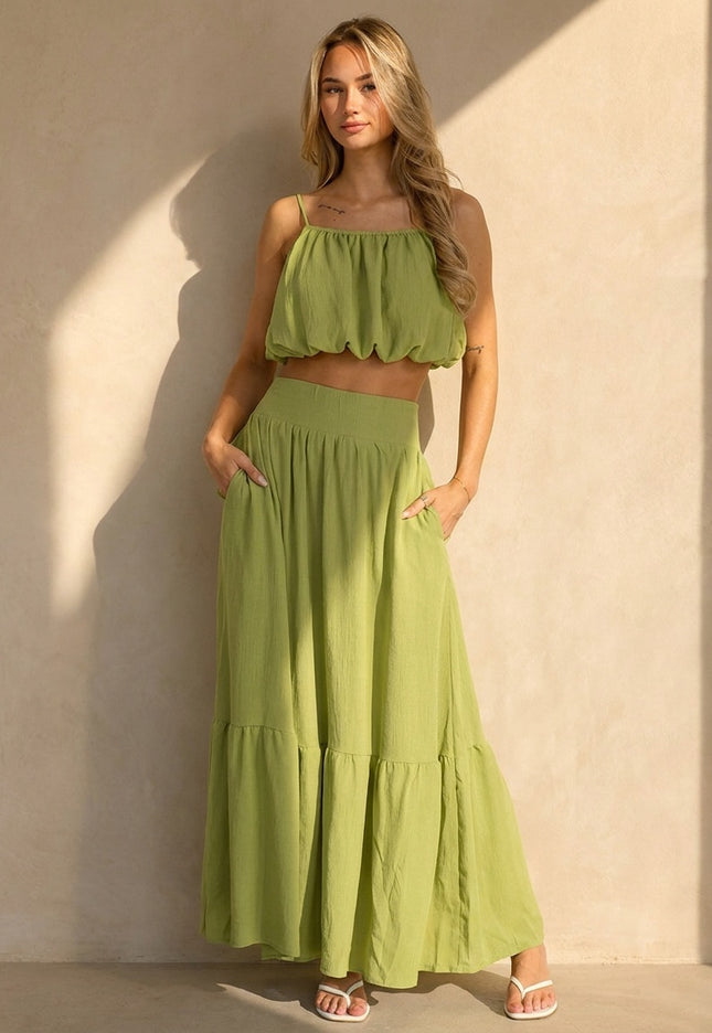 OP=OP.33.NL Olijfgroene Two Piece Set met Maxi Rok