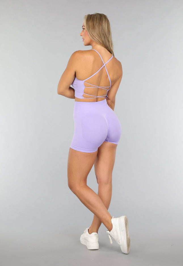 OP=OP.33.S Korte Lila Yoga Set met Gekruist Rug Detail