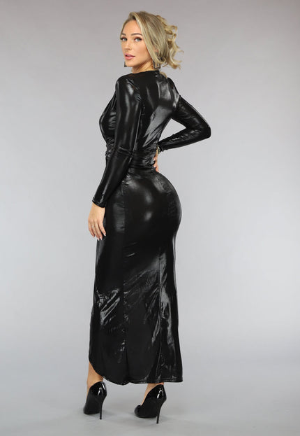 OP=OP.35.NL Zwarte Glanzende Longsleeve Jurk met Split