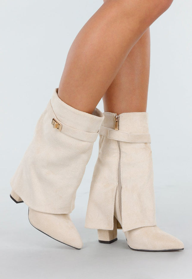 OP=OP.36.NL Beige Suède Look Enkellaarzen met Omslag