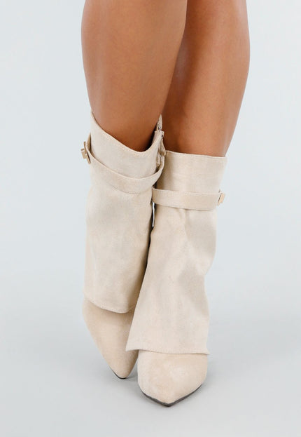 OP=OP.36.NL Beige Suède Look Enkellaarzen met Omslag