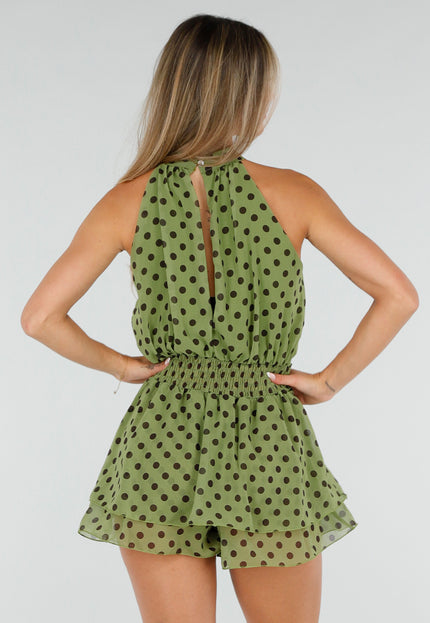 OP=OP.36.NL Groene Polkadot Playsuit met Halterhals