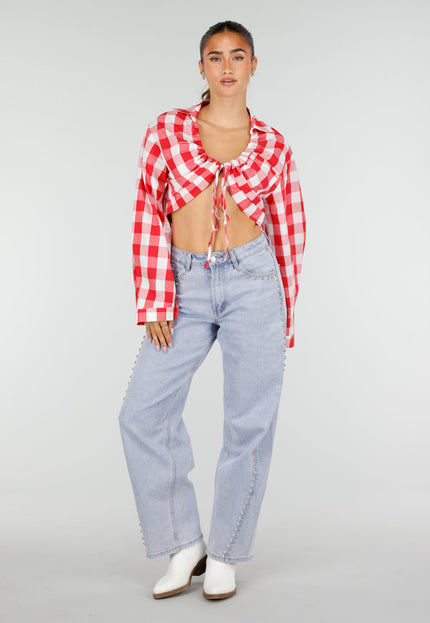 OP=OP.36.NL Rood Wit Geruite Cropped Blouse