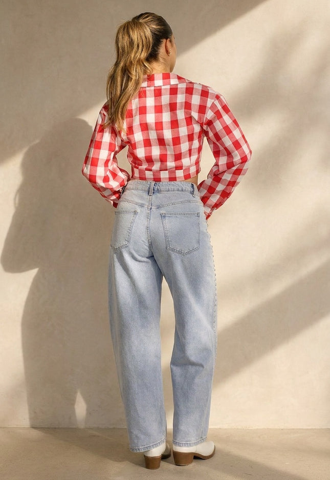 OP=OP.36.NL Rood Wit Geruite Cropped Blouse
