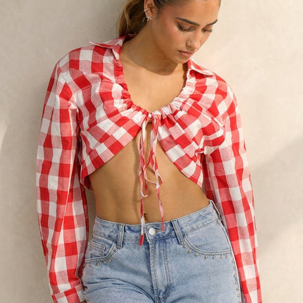 OP=OP.36.NL Rood Wit Geruite Cropped Blouse