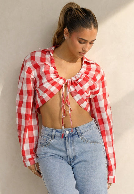 OP=OP.36.NL Rood Wit Geruite Cropped Blouse