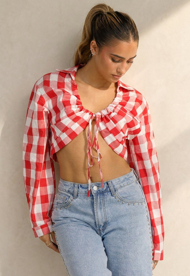 OP=OP.36.NL Rood Wit Geruite Cropped Blouse