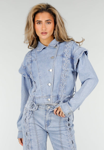 OP=OP.37.NL Lichtblauw Denim Jack met Veterdetails
