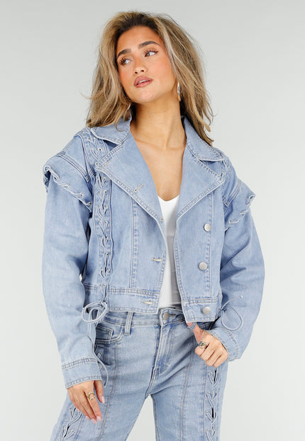 OP=OP.37.NL Lichtblauw Denim Jack met Veterdetails