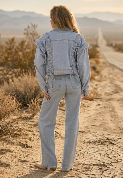 OP=OP.37.NL Lichtblauw Denim Jack met Veterdetails