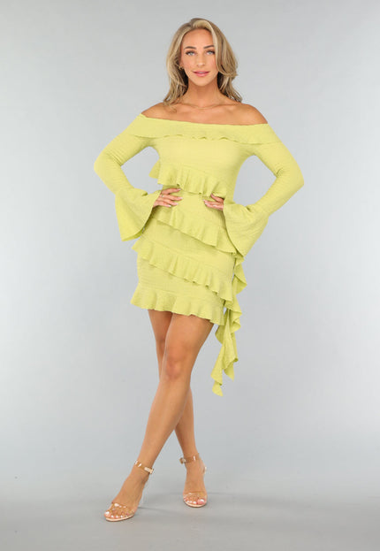 OP=OP.37.NL Limoen Groene Off Shoulder Ruffle Jurk