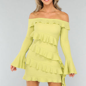 OP=OP.37.NL Limoen Groene Off Shoulder Ruffle Jurk