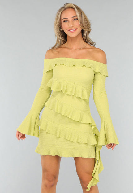 OP=OP.37.NL Limoen Groene Off Shoulder Ruffle Jurk