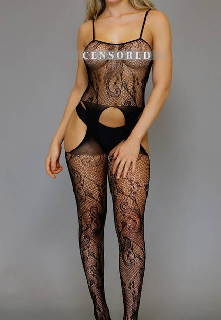 OP=OP.37.NL Zwarte Bodystocking met High Cut Jarretel-Look