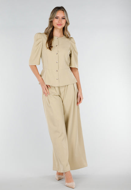 OP=OP.37.S Beige Wide Leg Pantalon met Plooien