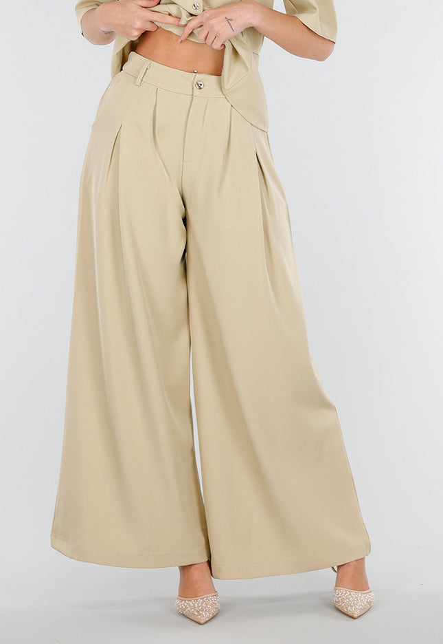 OP=OP.37.S Beige Wide Leg Pantalon met Plooien