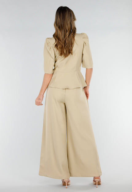 OP=OP.37.S Beige Wide Leg Pantalon met Plooien