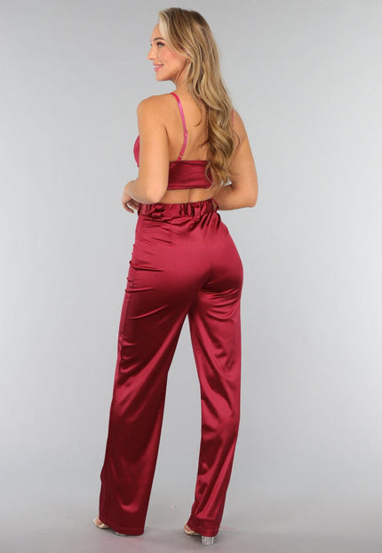 OP=OP.AV.12 Burgundy Pantalon van Stretch Satijn in Model