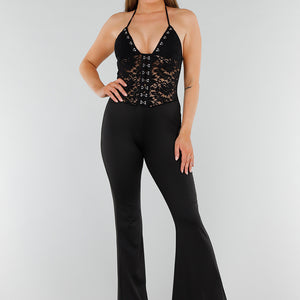 OP=OP.38.S Zwarte Jumpsuit met Kant en Haaksluitingen