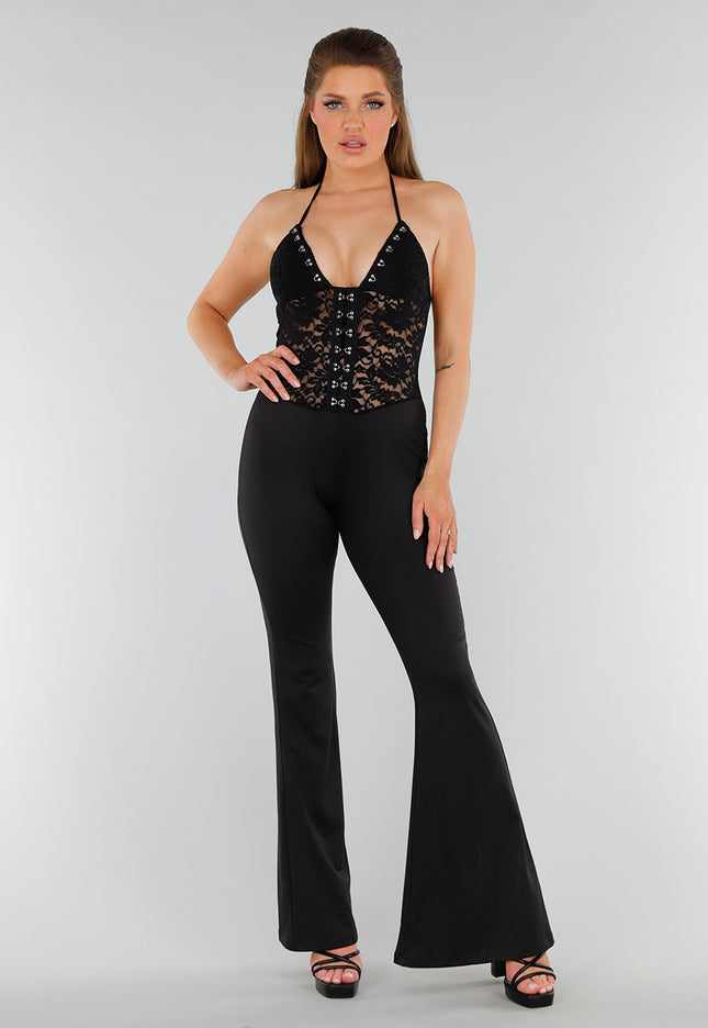 OP=OP.38.S Zwarte Jumpsuit met Kant en Haaksluitingen
