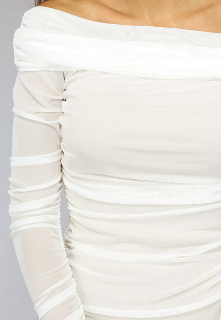 OP=OP.39.NL Geplooide Witte Off Shoulder Mesh Jurk