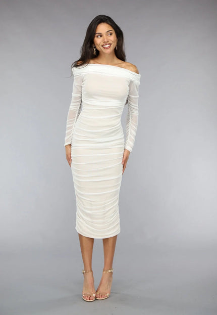 OP=OP.39.NL Geplooide Witte Off Shoulder Mesh Jurk