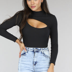 OP=OP.39.NL Zwarte Rib Bodysuit met Uitsnede