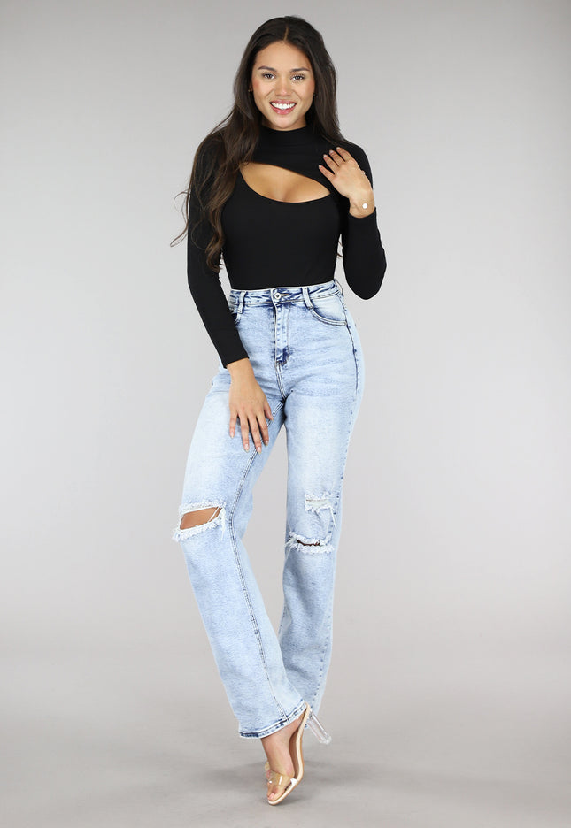 OP=OP.39.NL Zwarte Rib Bodysuit met Uitsnede