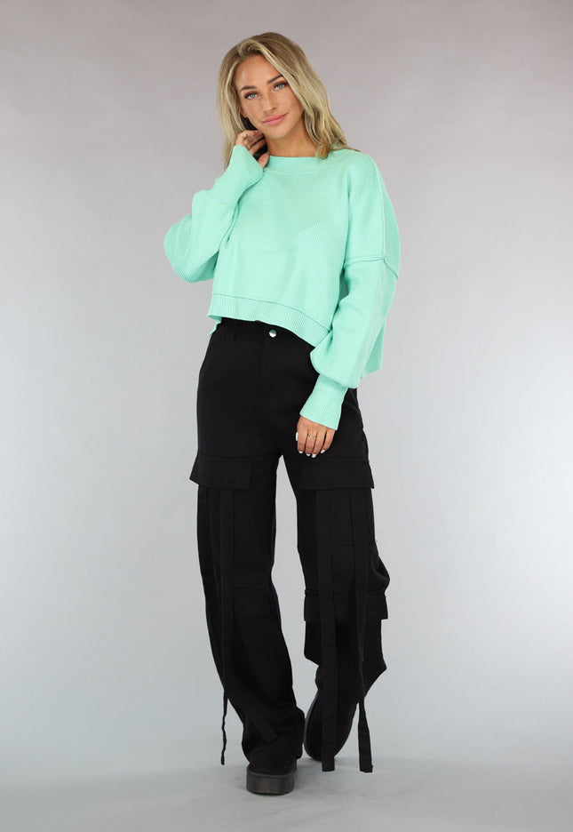 OP=OP! Gebreide Trui met Zichtbare Naden in Turquoise