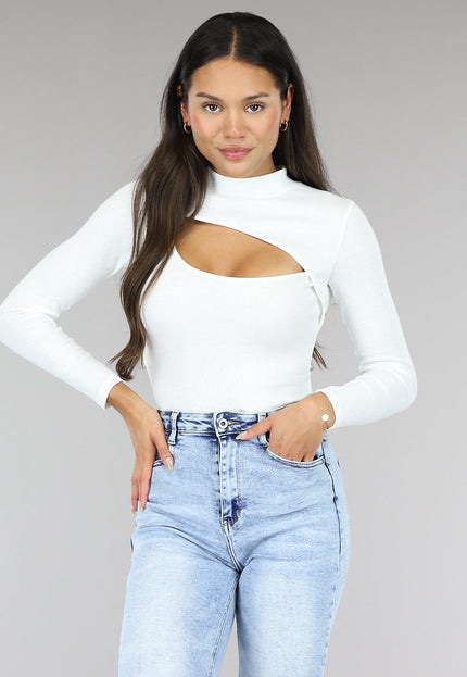 OP=OP.40.NL Witte Rib Bodysuit met Uitsnede