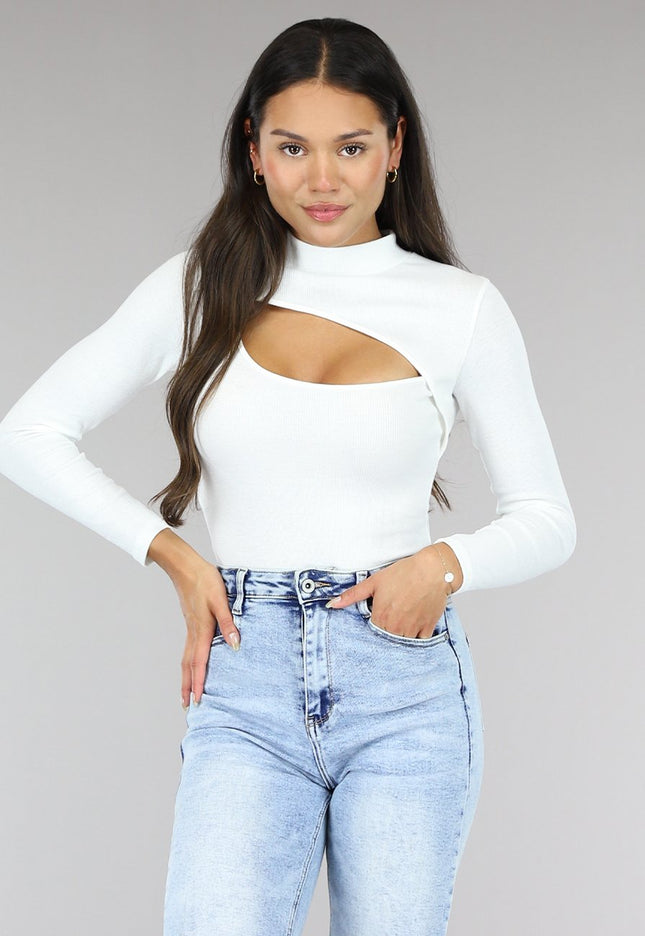 OP=OP.40.NL Witte Rib Bodysuit met Uitsnede