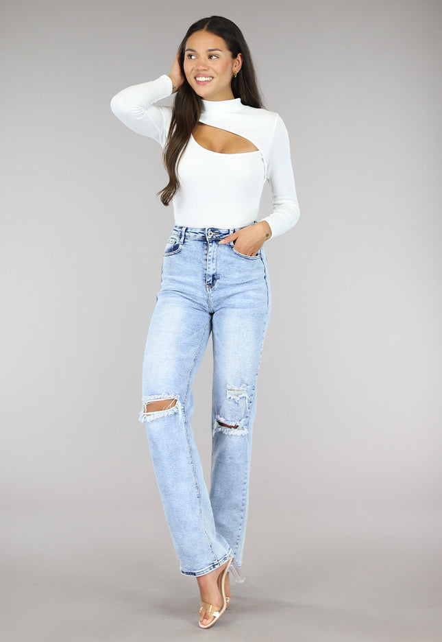 OP=OP.40.NL Witte Rib Bodysuit met Uitsnede