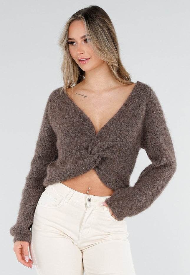 OP=OP.41.S Bruine Gebreide Twist Crop Trui