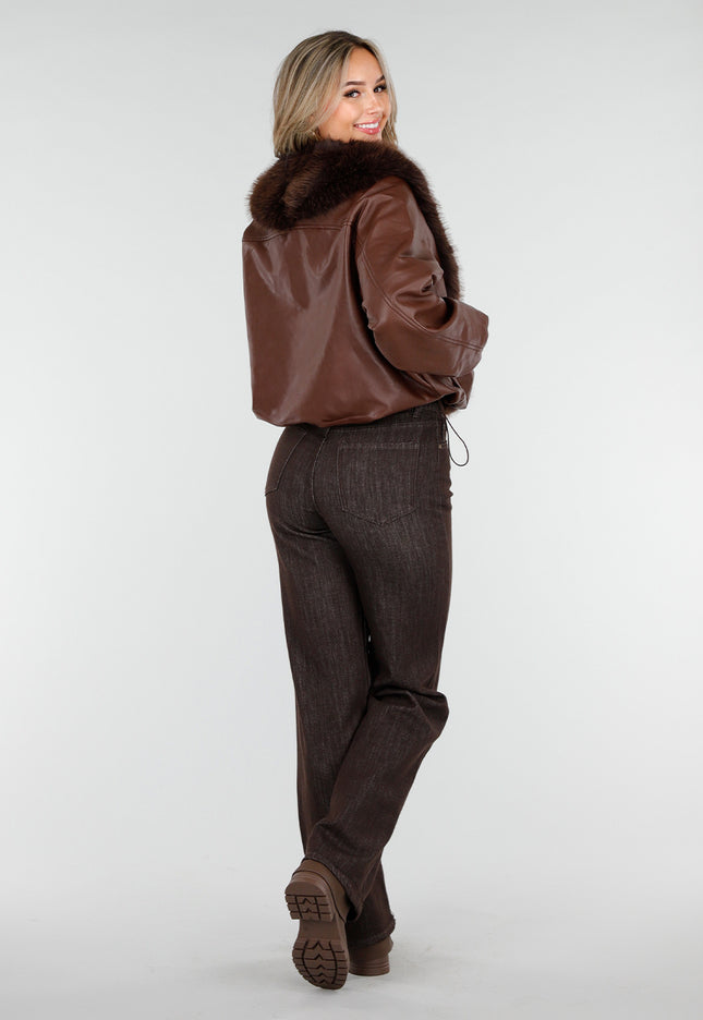 OP=OP.41.S Bruine Lederlook Jas met Bontkraag