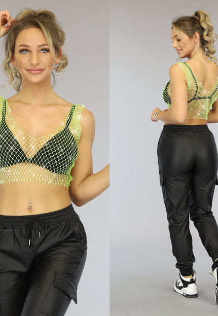 OP=OP.AV.09 Lime Fishnet Topje met Strass