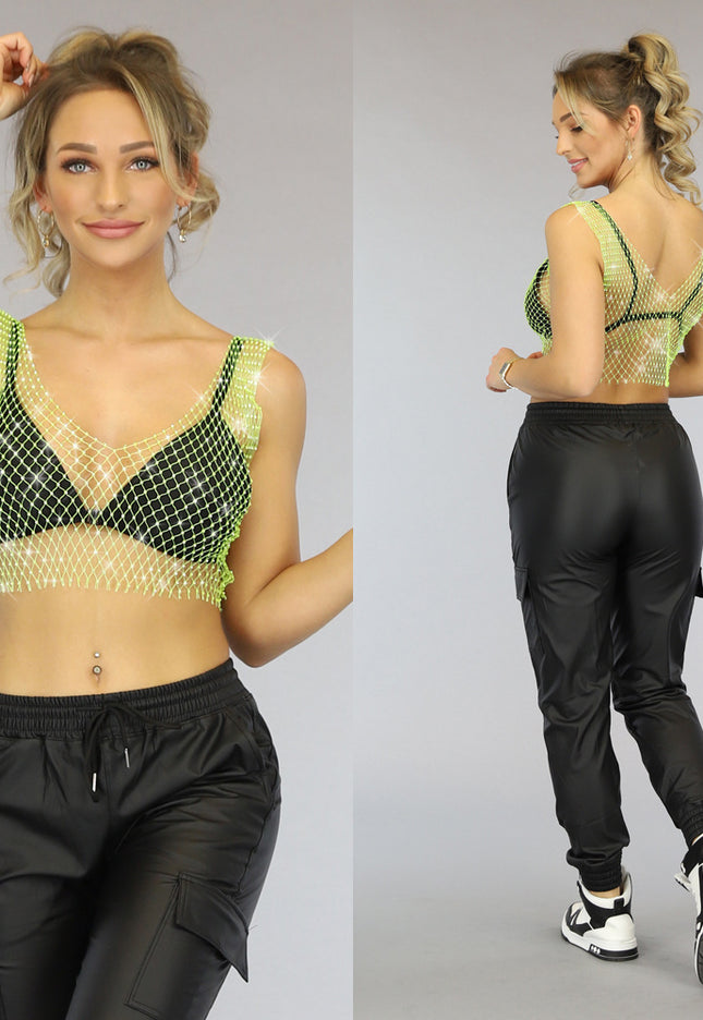 OP=OP.AV.09 Lime Fishnet Topje met Strass