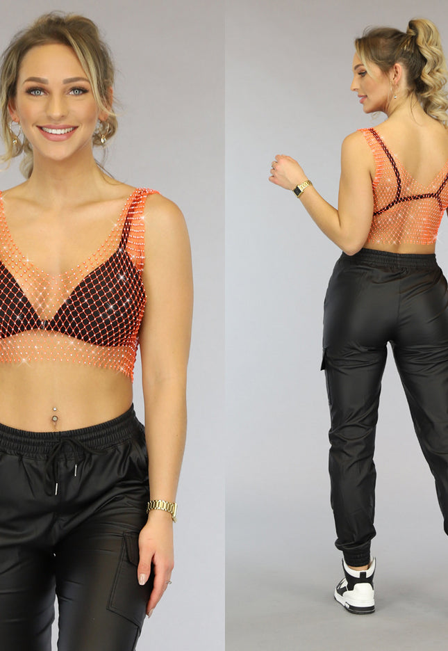 OP=OP.AV.09 Oranje Fishnet Topje met Strass