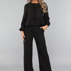 OP=OP! Zwarte Linnenlook Two Piece met Strikjes