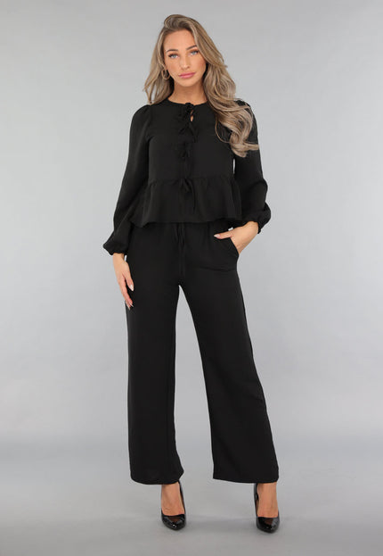 OP=OP! Zwarte Linnenlook Two Piece met Strikjes